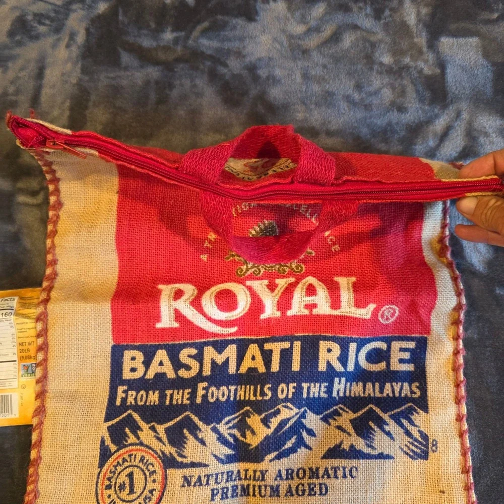 Royal Basmati Rice Burlap Tote Bag Zipper Top Jute Sack Reusable Grocery Shopper